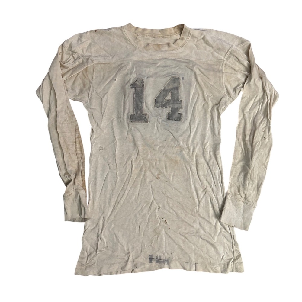 Vintage 1930s 1940s Football Jersey Cream White Durene Number 14 Long Sleeve
